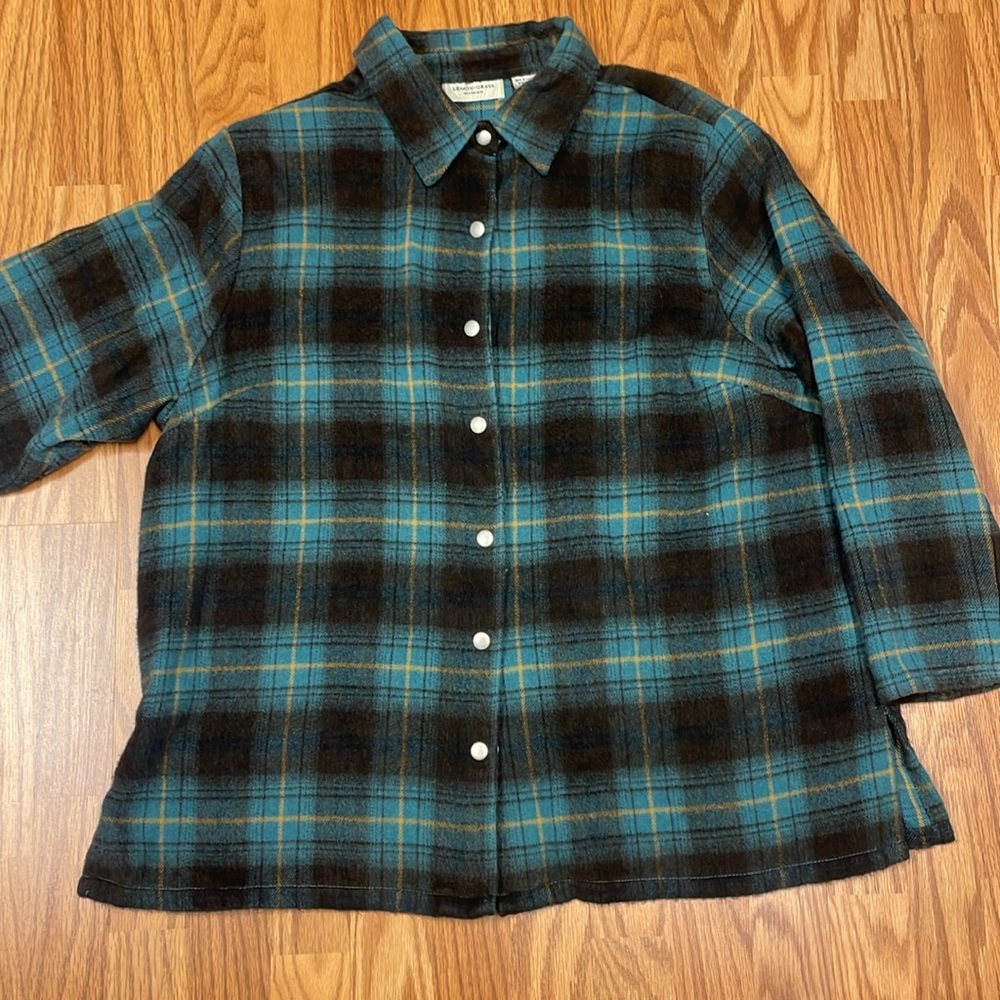 Lemon Grass Women’s Teal and Brown Flannel Plaid Shirt